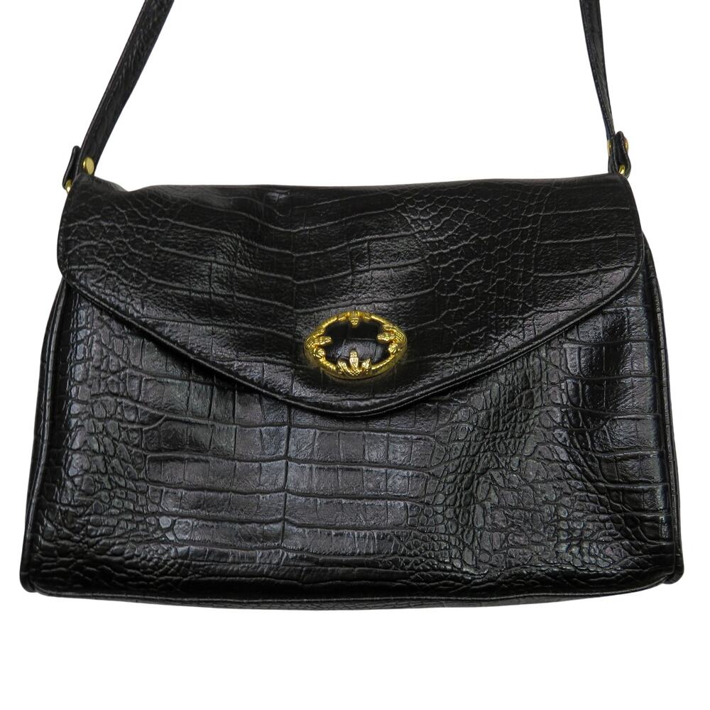 Vintage 1970s Croc Embossed Leather Crossbody Bag Black Gold Medium - Picture 3 of 10